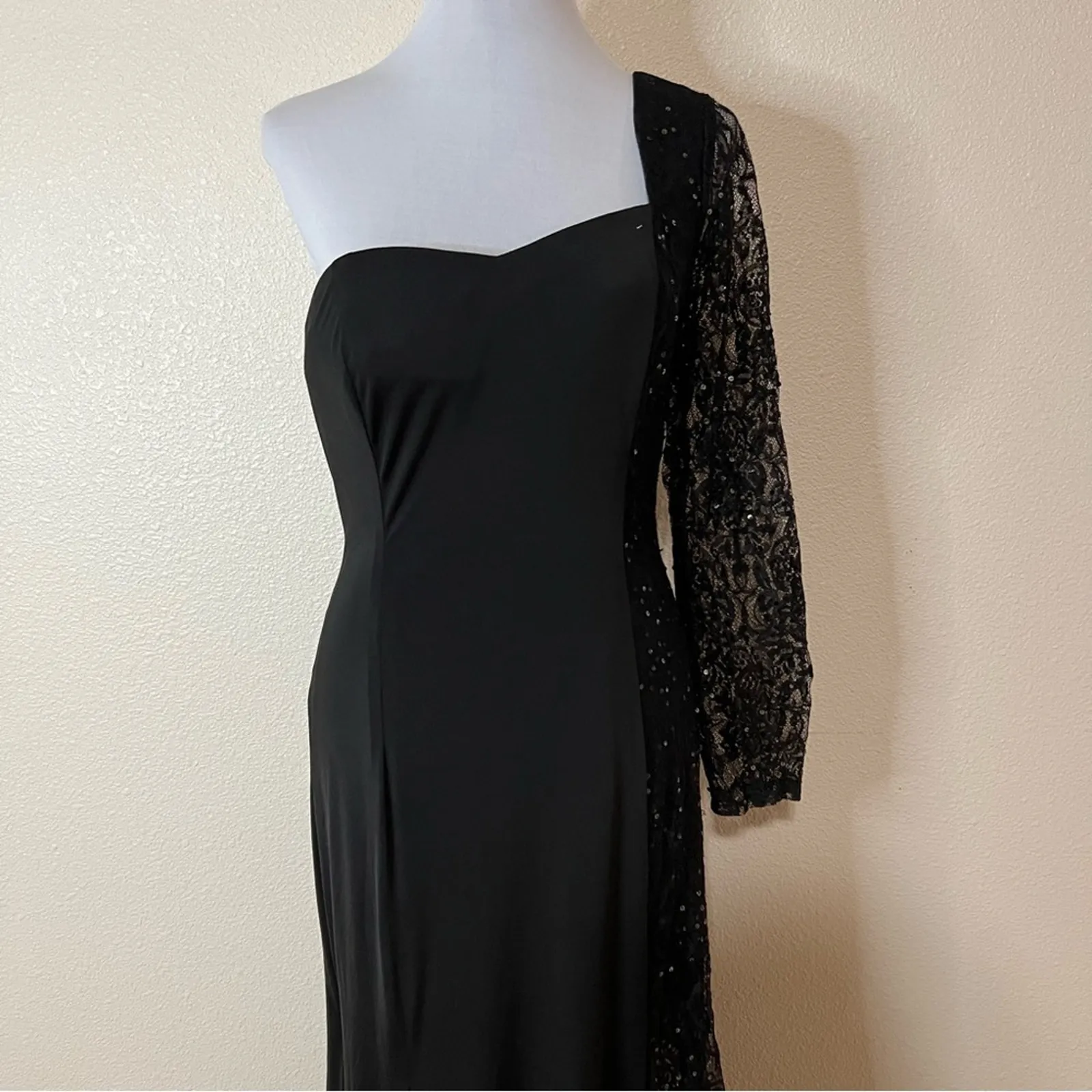 Alyce Designs black one shoulder long sleeve lace sequin jersey dress NEW 10 - Image 2
