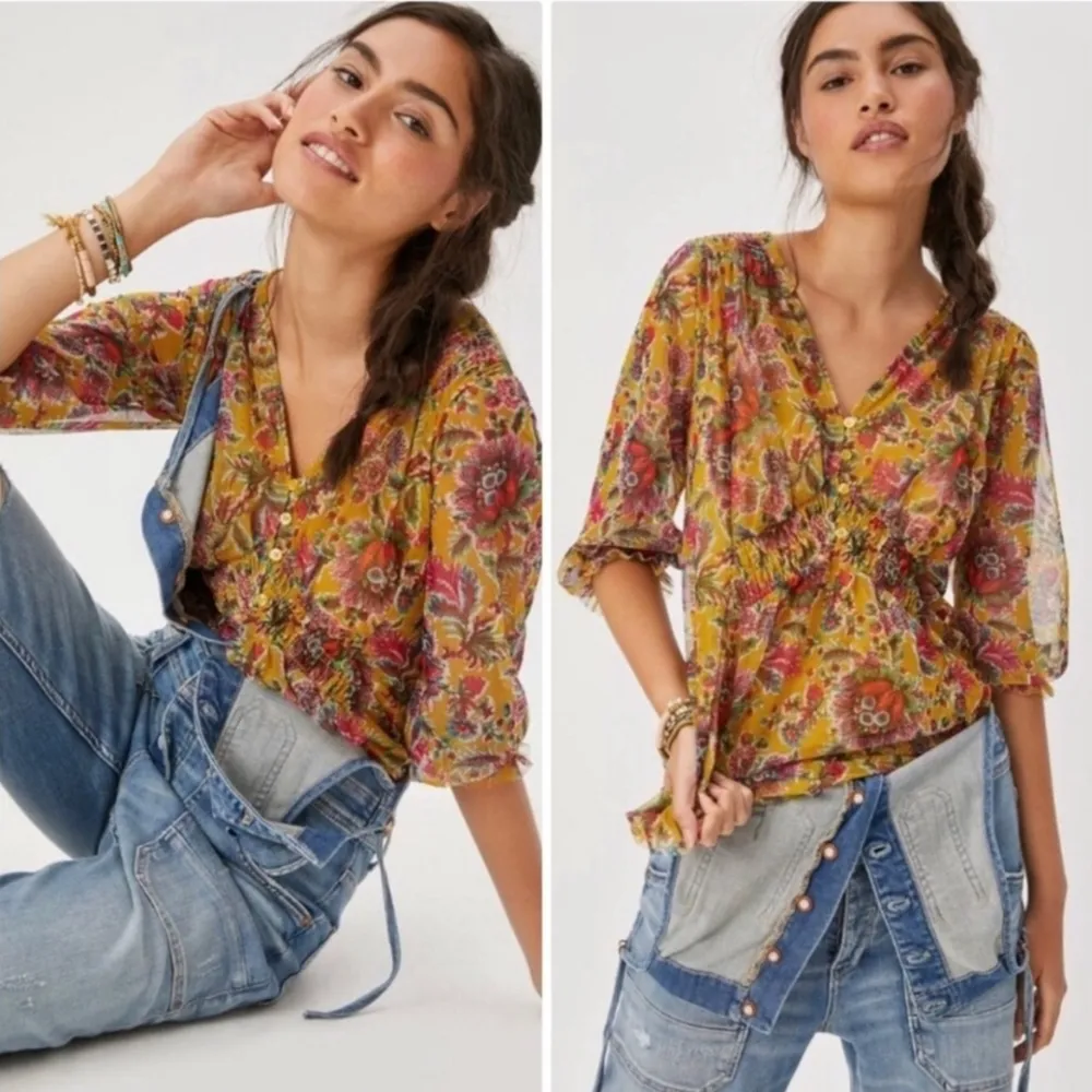 Anthropologie Gretchen V-Neck Floral Smocked Mesh Tunic Top XS Yellow Pink Boho - Image 2