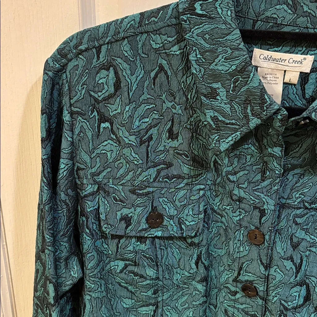 COLDWATER CREEK Green Textured Jacket
Has Black Metallic Shimmer Thread Size L - Image 3