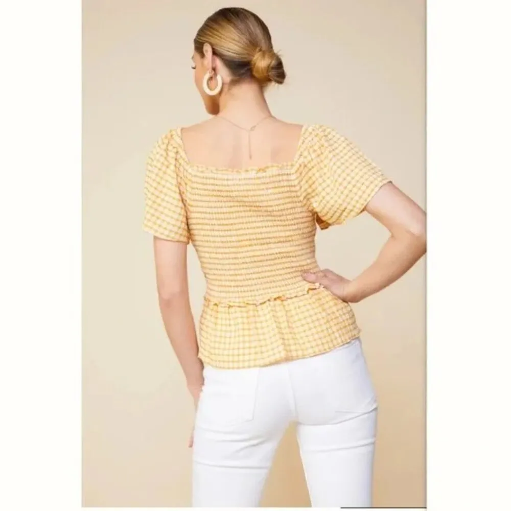 đź’•SKIES ARE BLUEđź’• Checkered Smocked Top Yellow Mustard Gingham Print Large NWT - Image 3