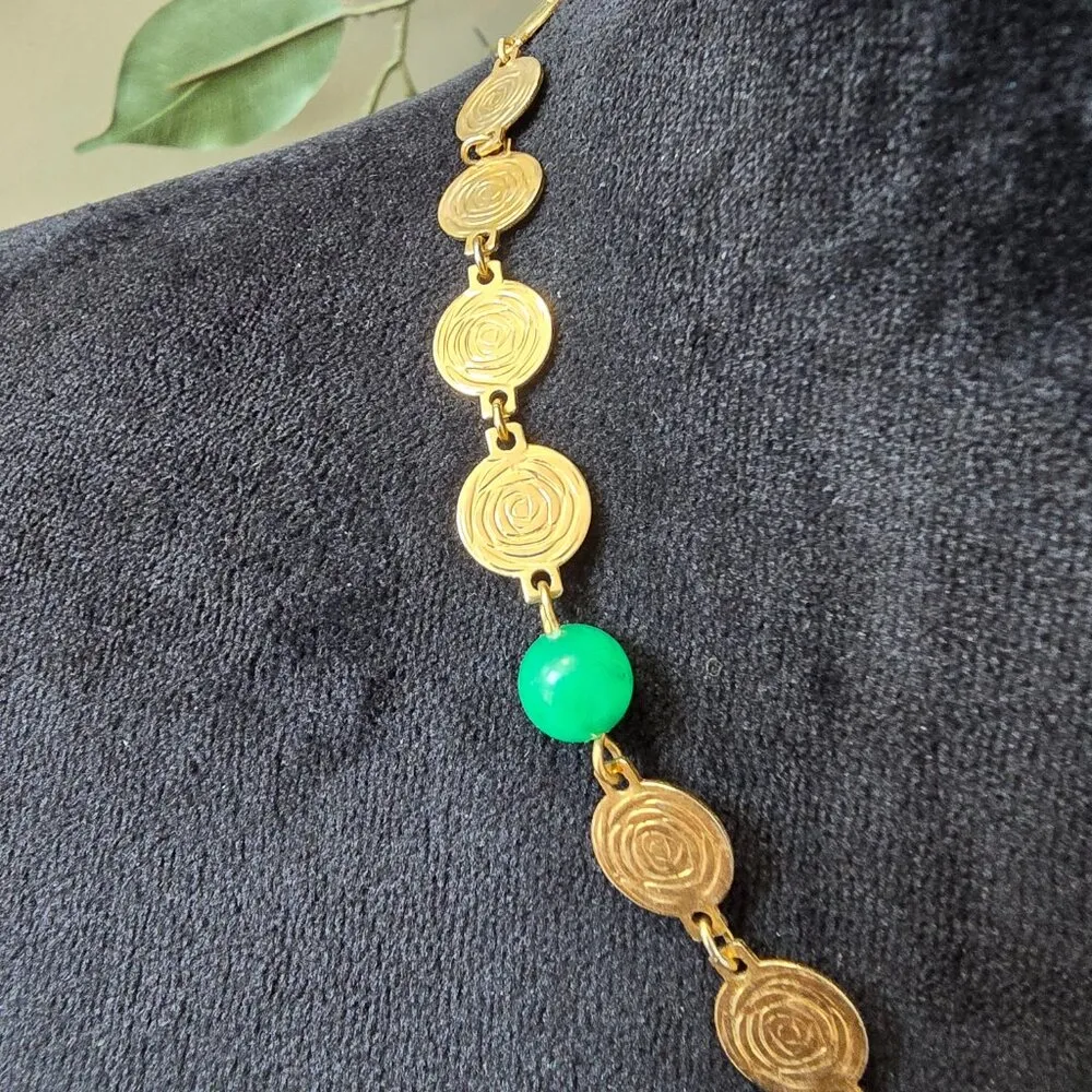Womens Gold Tone Round Coin Chain Green Pearl Linked Necklace with Spring Ring.. - Image 6