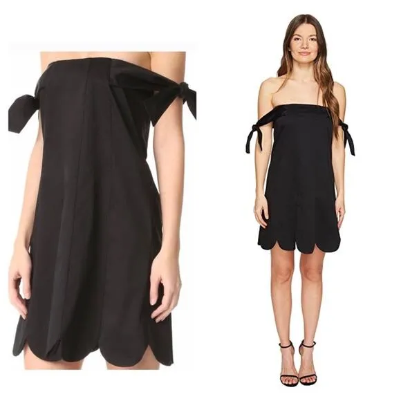 Zac Posen Isla Black Poplin Cotton Off Shoulder Scalloped Hem Mini Dress Size 8 - Image 2