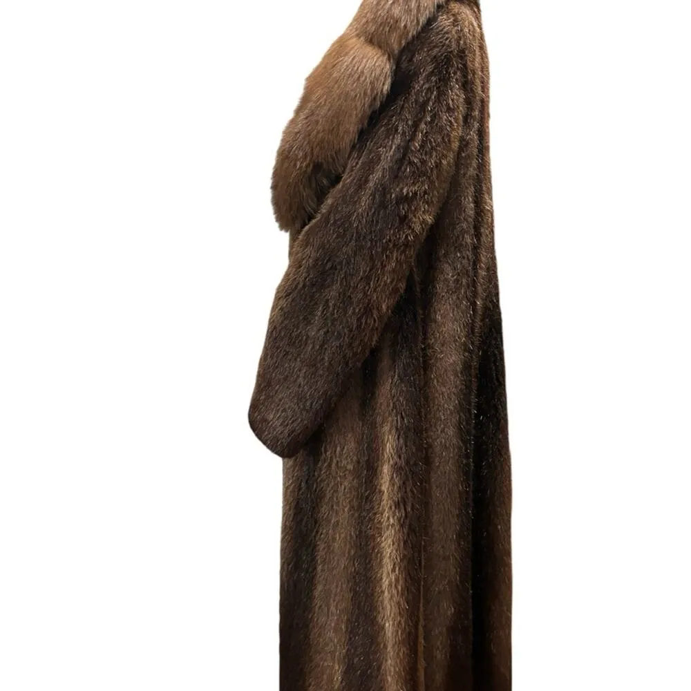 Authentic Vintage John Wanamaker Tricolor Brown Long Fox Collar Mink Fur Coat Tan Size L - Image 8