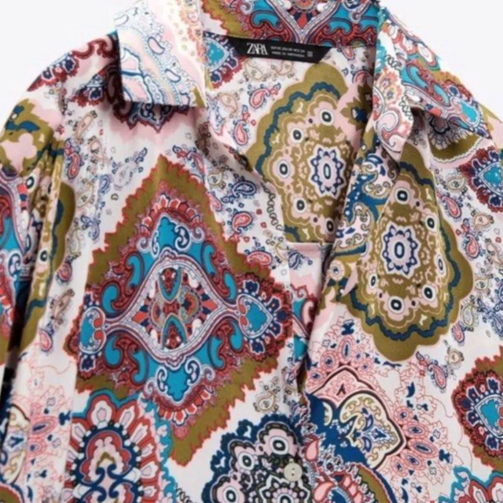 NEW Zara Patchwork Satin Silky Handkerchiefs Printed Top Blouse Bloggers Fave Red Size XXL - Image 4