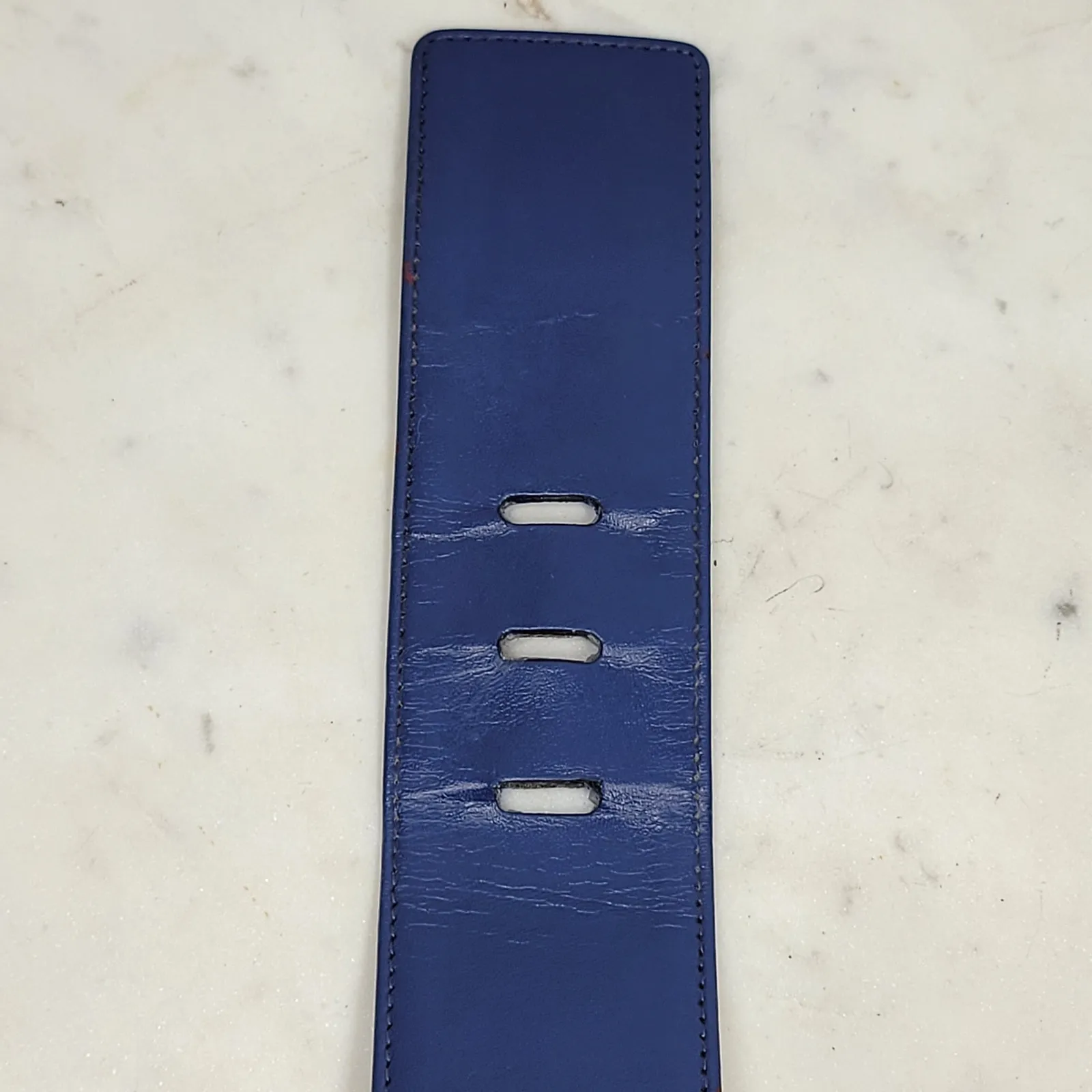 Yves Saint Laurent 4930 Wide Leather Belt Blue Rectangle Brass Buckle Art Deco - Image 4
