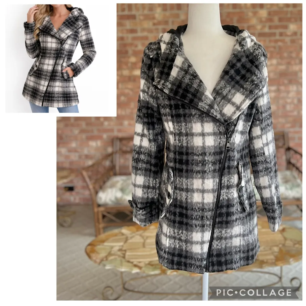Madden Girl Moto Jacket Plaid Fleece Black Grey Hooded S - Image 2