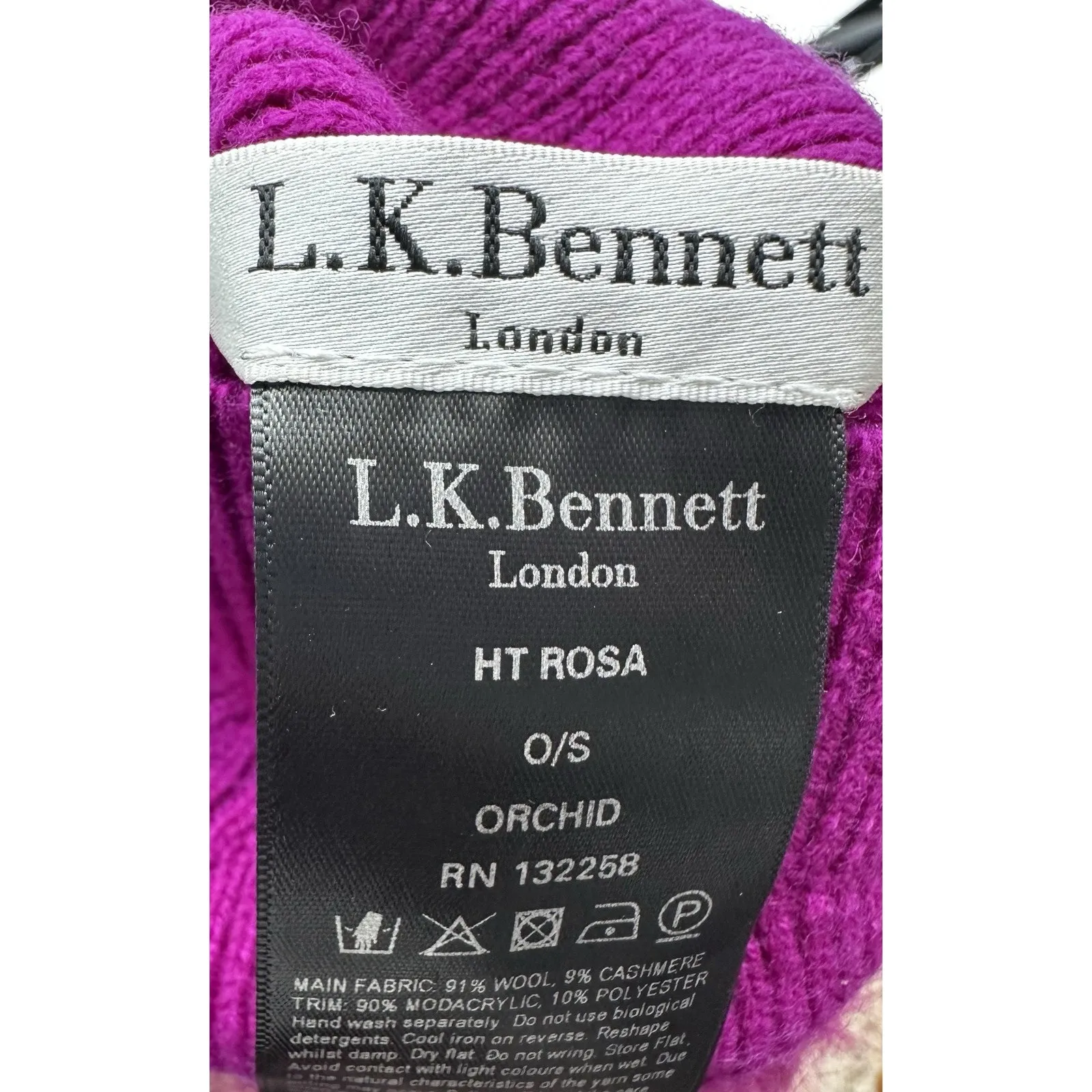 L.K. Bennett London Wool Cashmere Beanie Hat Purple Fur Pom One Size - Image 5