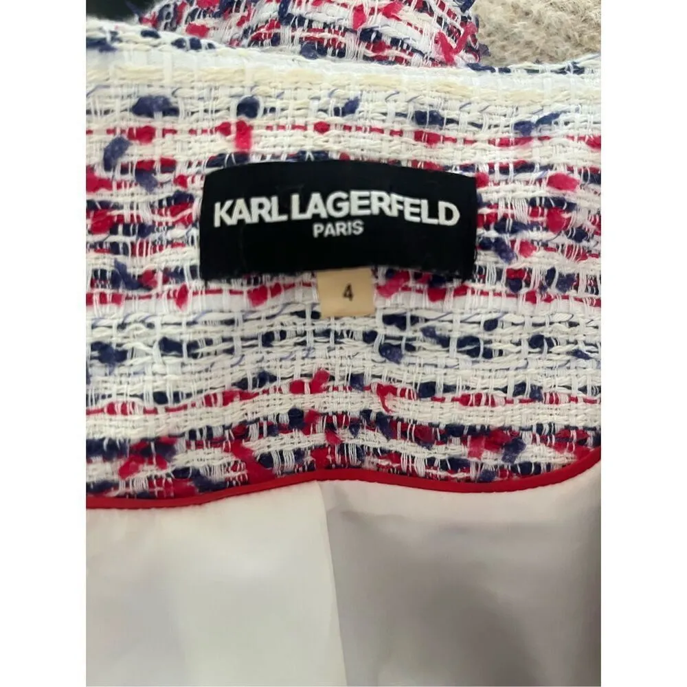 Karl Lagerfeld Paris Red White Blue Tweed‎ Front Pocket Button Jacket Size 4 - Image 2