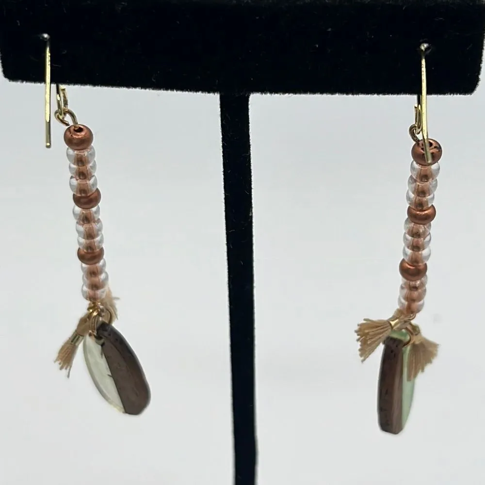 2.5” Gold Tone Drop Boho Earrings w/ Rose Gold/Clear Beads Beige Tassels & Charm Gold - Image 4