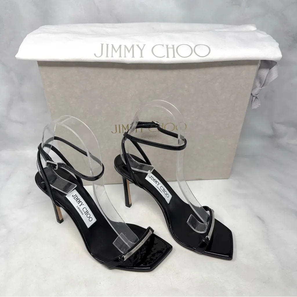 NEW Jimmy Choo Jaxon 95 Patent Leather Metal Logo Bar Square Toe Sandal Heels - Image 5