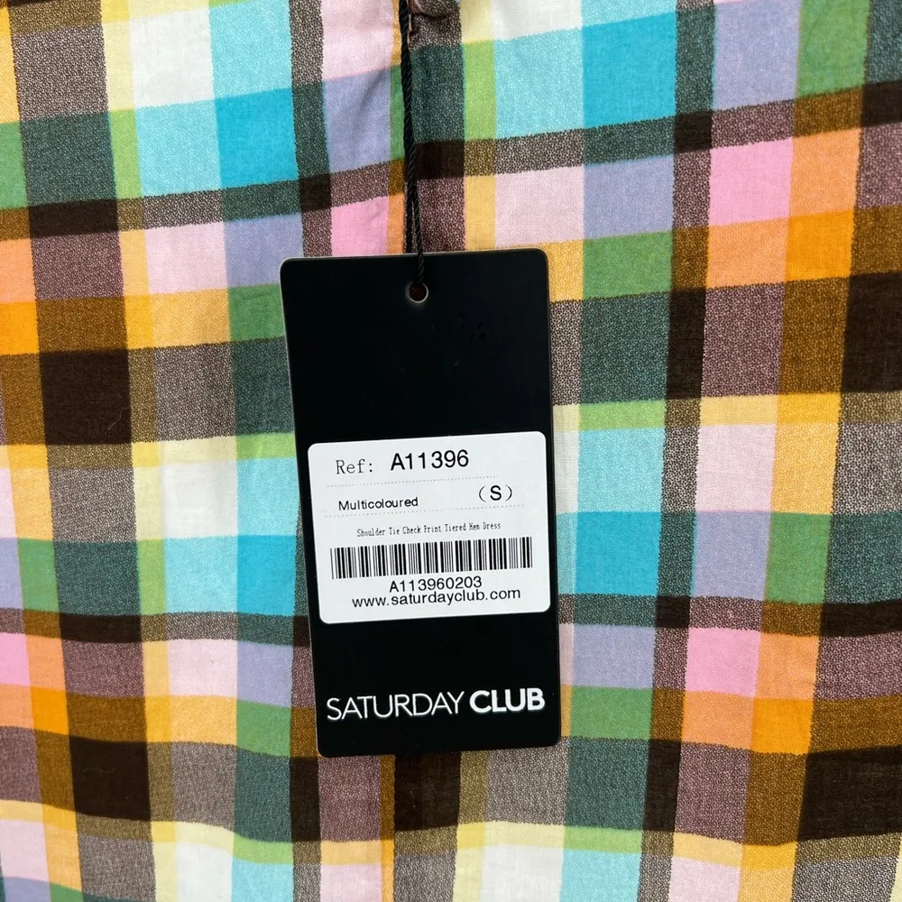 Saturday Club S plaid sleeveless dress ruffle bow pastel cotton casual concert Black - Image 5