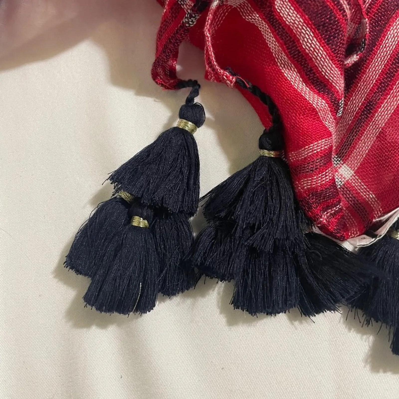 Crown & Ivy · Plaid · Scarf with Navy Tassels · Lightweight · Red · One Size - Image 3