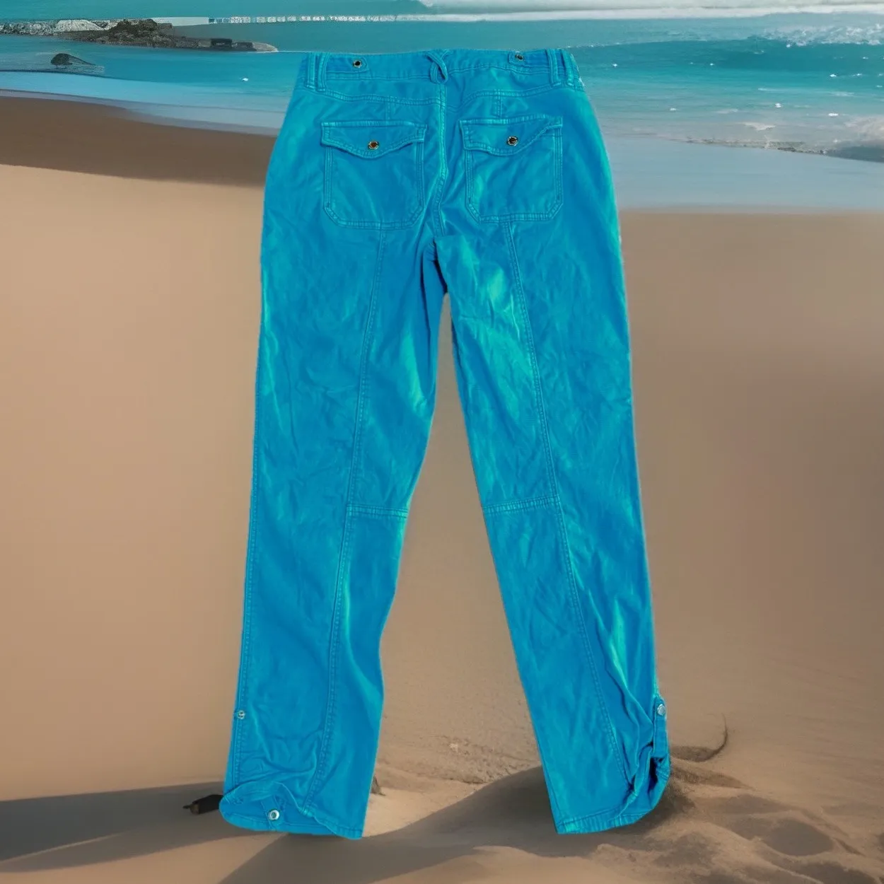 Women's WHBM Straight Leg Teal Utility Cargo Pants‎ Size 2 Adjustable Cuffs - Image 7