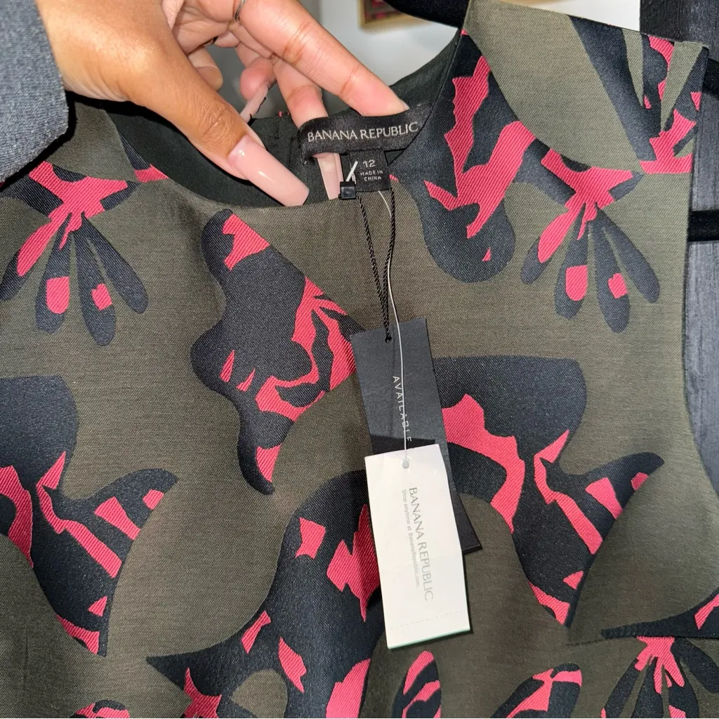 Banana Republic Jigsaw Jacquard Drop-Waist Ruffle Mini Dress Black Pink - Image 5