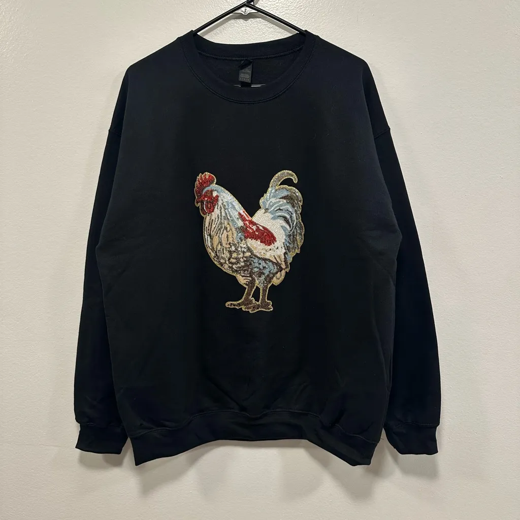 Chicken sweater! Black sequin glitter bling rooster sweatshirt size large! - Image 5