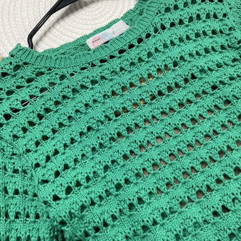 Free People Beach Green Crochet Cropped Sweater Open Back Womens Small Cotton - Image 3
