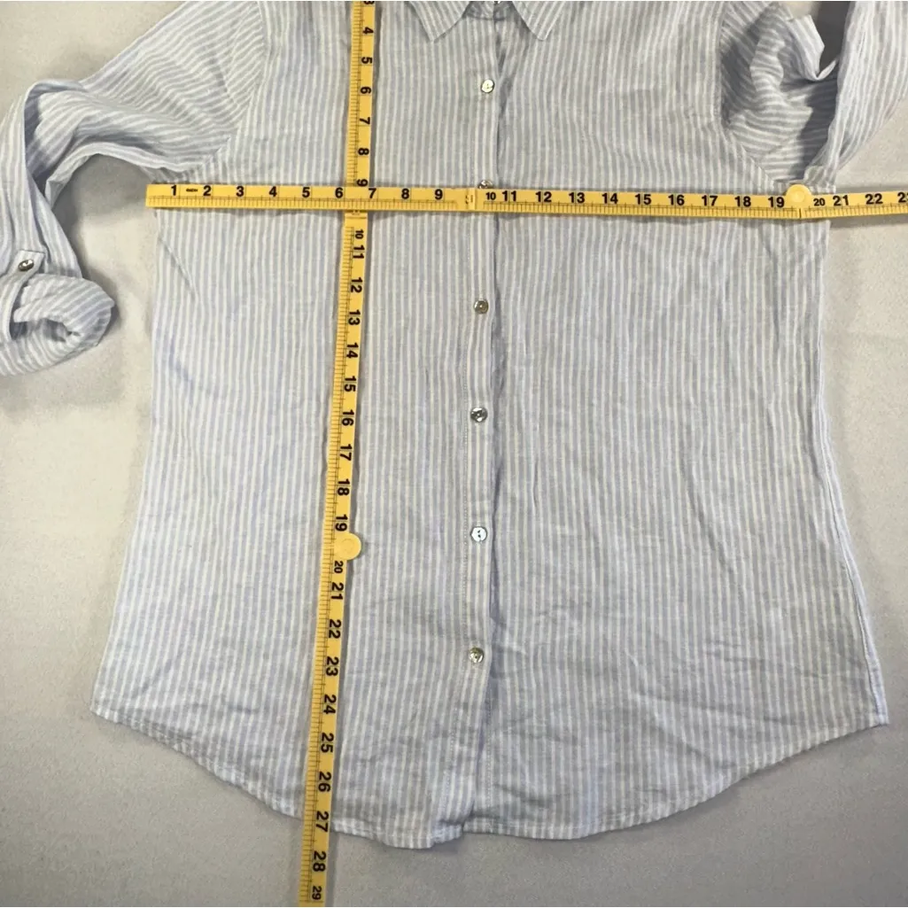 Sigrid Olsen Women's Medium Button Up Shirt Linen Blend Blue Stripe Beach Career - Image 6