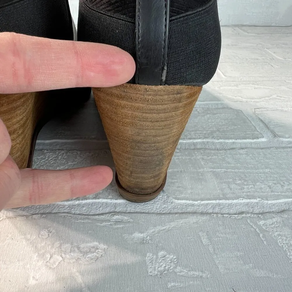 Dr Scholls Ankle Boots 9 Black Leather Wood Wedge Parler Booties Slip On Comfort - Image 5