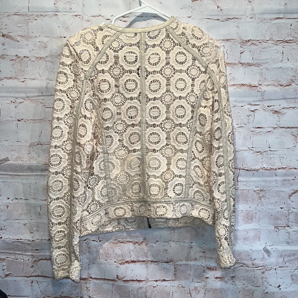 Neiman Marcus XS Moto Jacket ivory zip front faux leather trim pockets crochet - Image 7