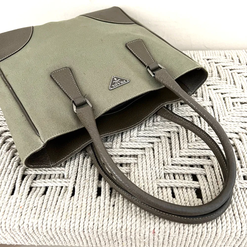PRADA Olive Logo Canvas and Leather Tote Bag - Image 5