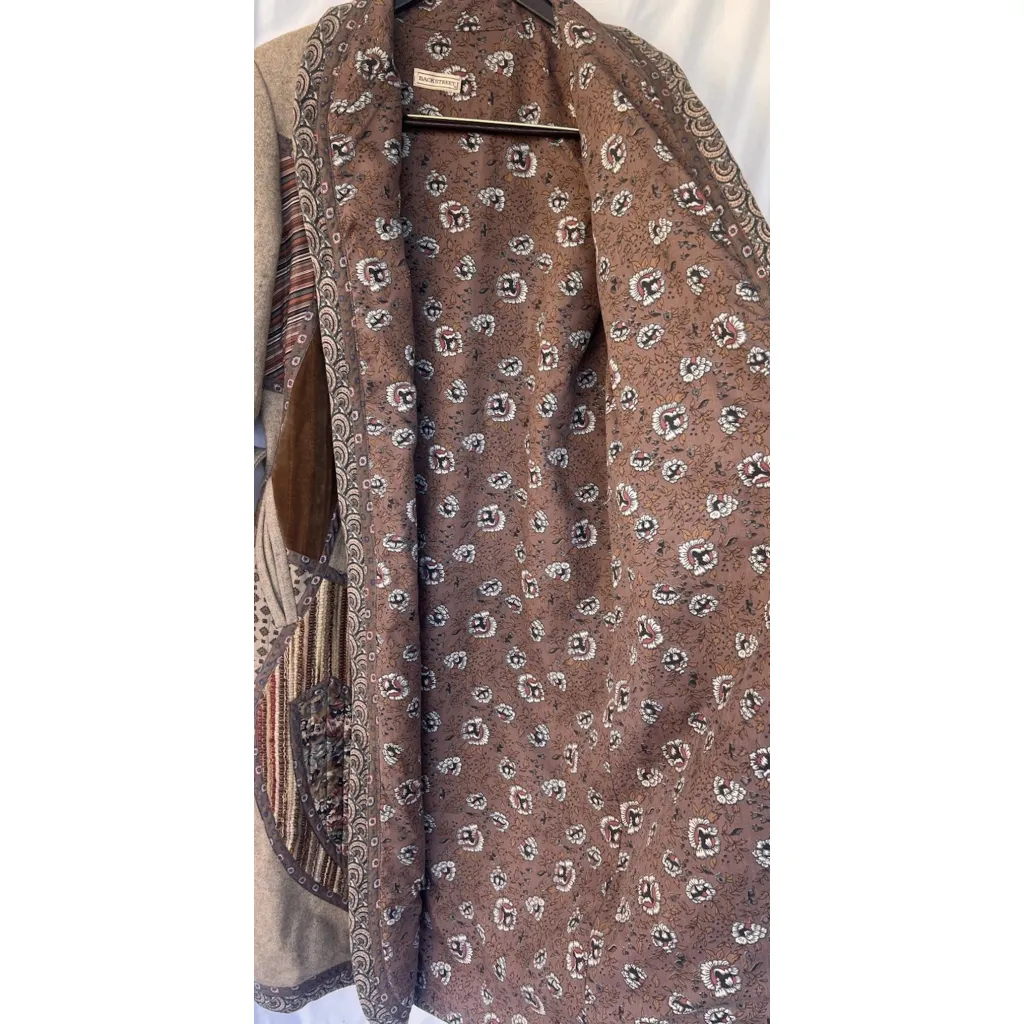 Vintage Backstreet Bohemian Patchwork Coat Wool Belted Southwest Tapestry Medium Brown - Image 6