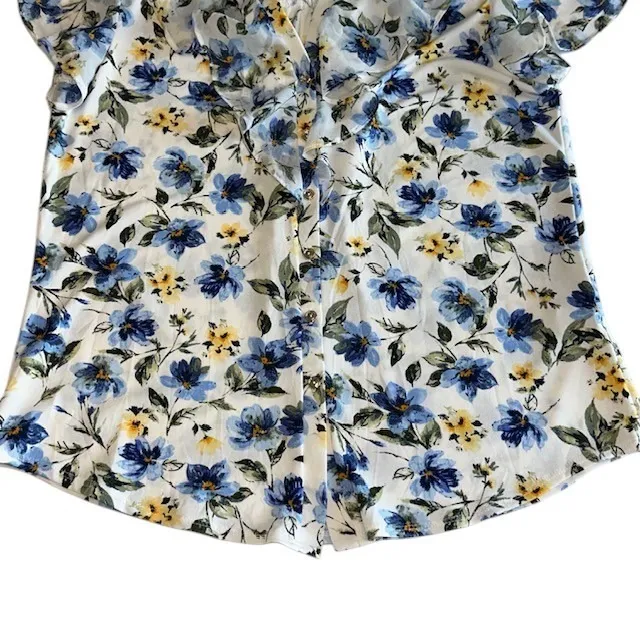 Perseption Concept Floral Ruffle Blouse Button Down Top Short Sleeve Size‎ L Blue Size L - Image 8