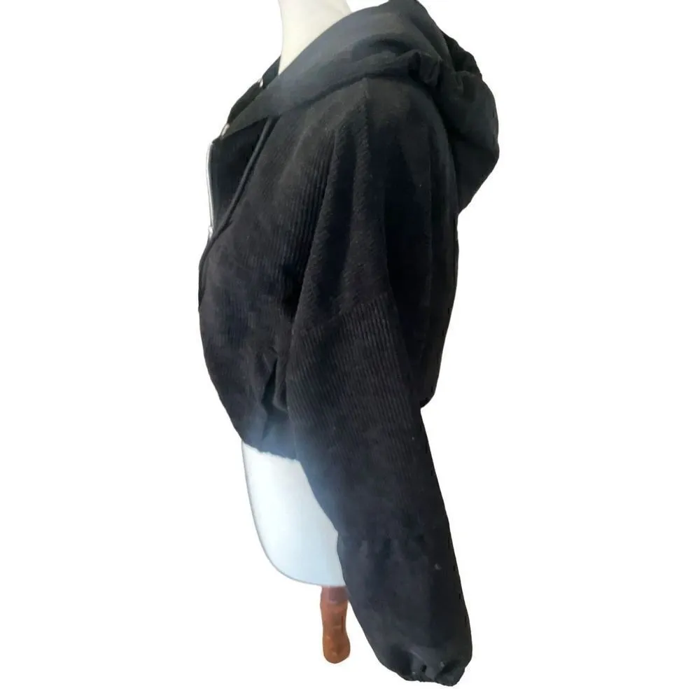 SHEIN Black Cropped Corduroy Hooded Long Sleeve Full Zip Jacket Size Small-NWOT - Image 9