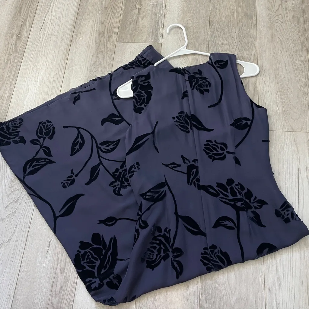 Whimsigoth Silk Dress vintage floral velvet midi womens Blue (size 4) dark fairy - Image 4