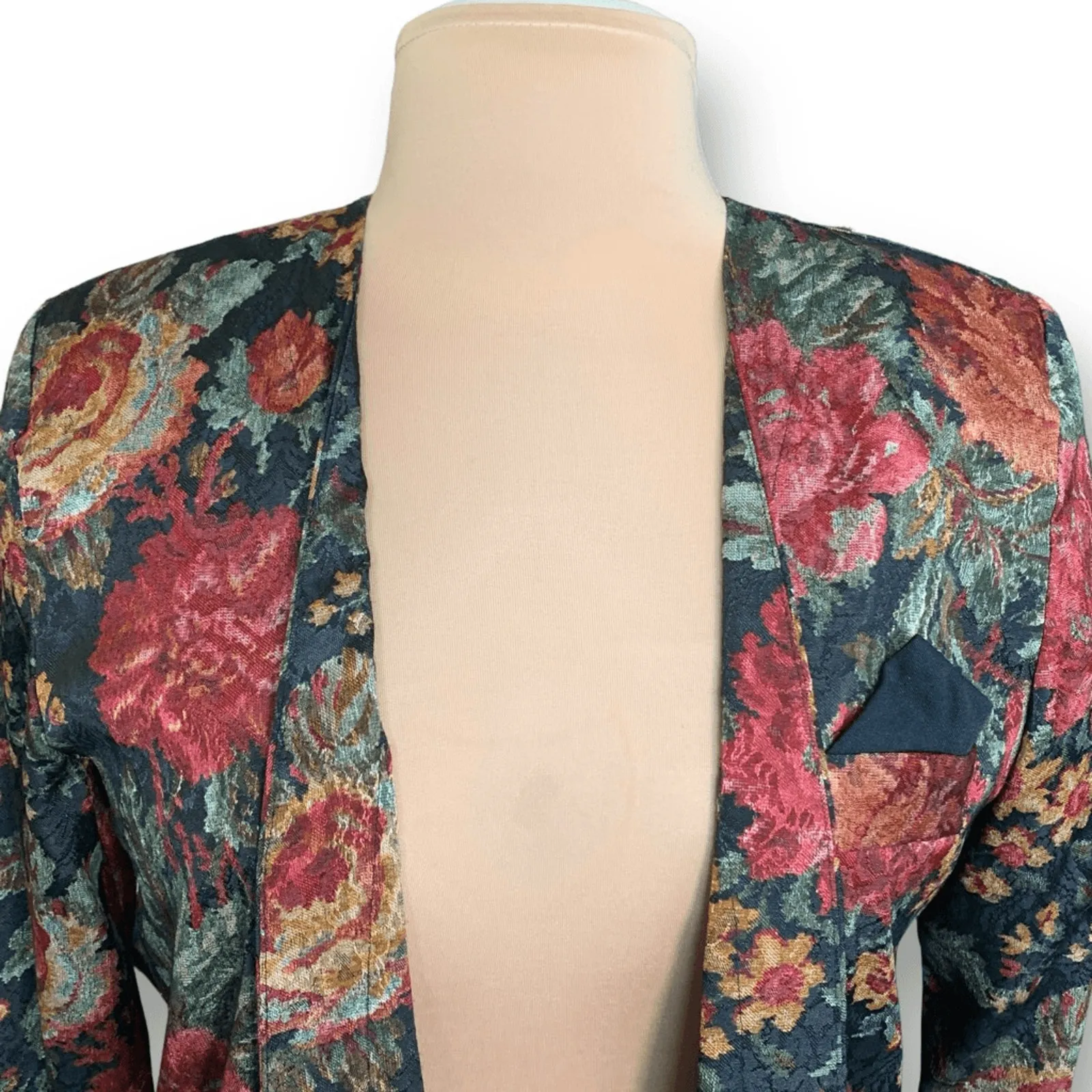Vintage 90s SL Petites Floral Tapestry Blazer Jacket Burgundy Open Front Pocket Red Size 10 - Image 3