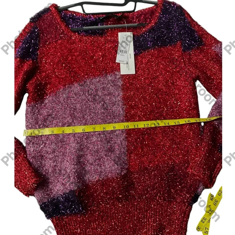 New York & Company Red and Purple Shiny Sparkly Tinsel Christmas Party Sweater. - Image 4