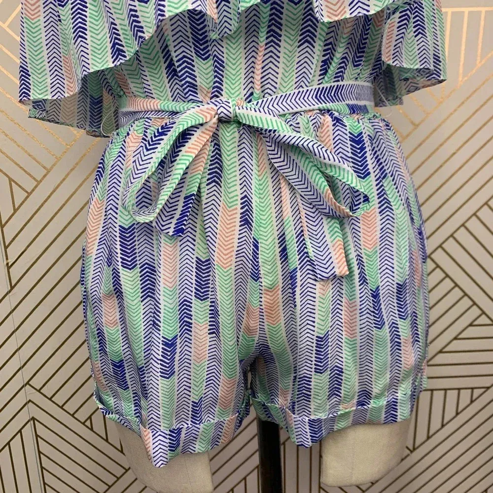 Lemlem Gigi Silk Strapless Romper in Blue Green Chevron Print Size‎ US Small - Image 3