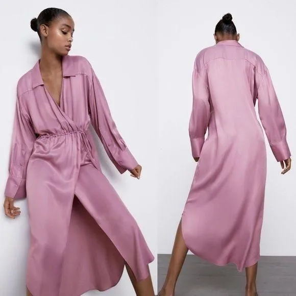 Zara SATIN EFFECT WRAP MIDI V-NECK DRESS Size XS NEW - Image 2