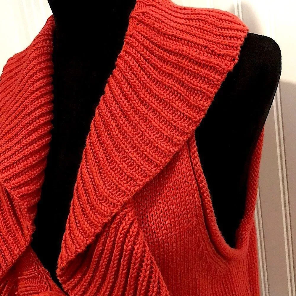 HANDKNIT Women’s Red Boho Chic Ruffle Knit Longline Vest Tie Front Sz SM - Image 5