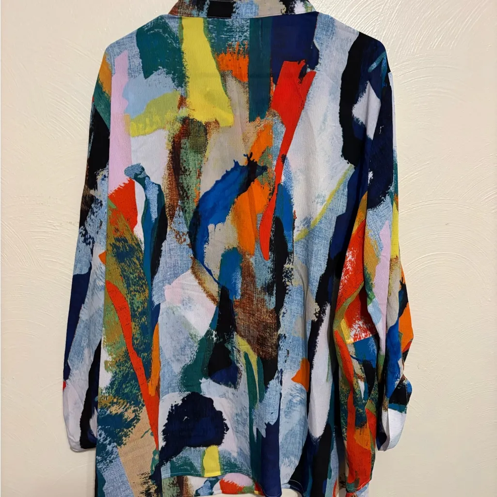 Ali Miles Abstract Art Print Button Front Blouse 3X Colorful Stretch Blue - Image 8