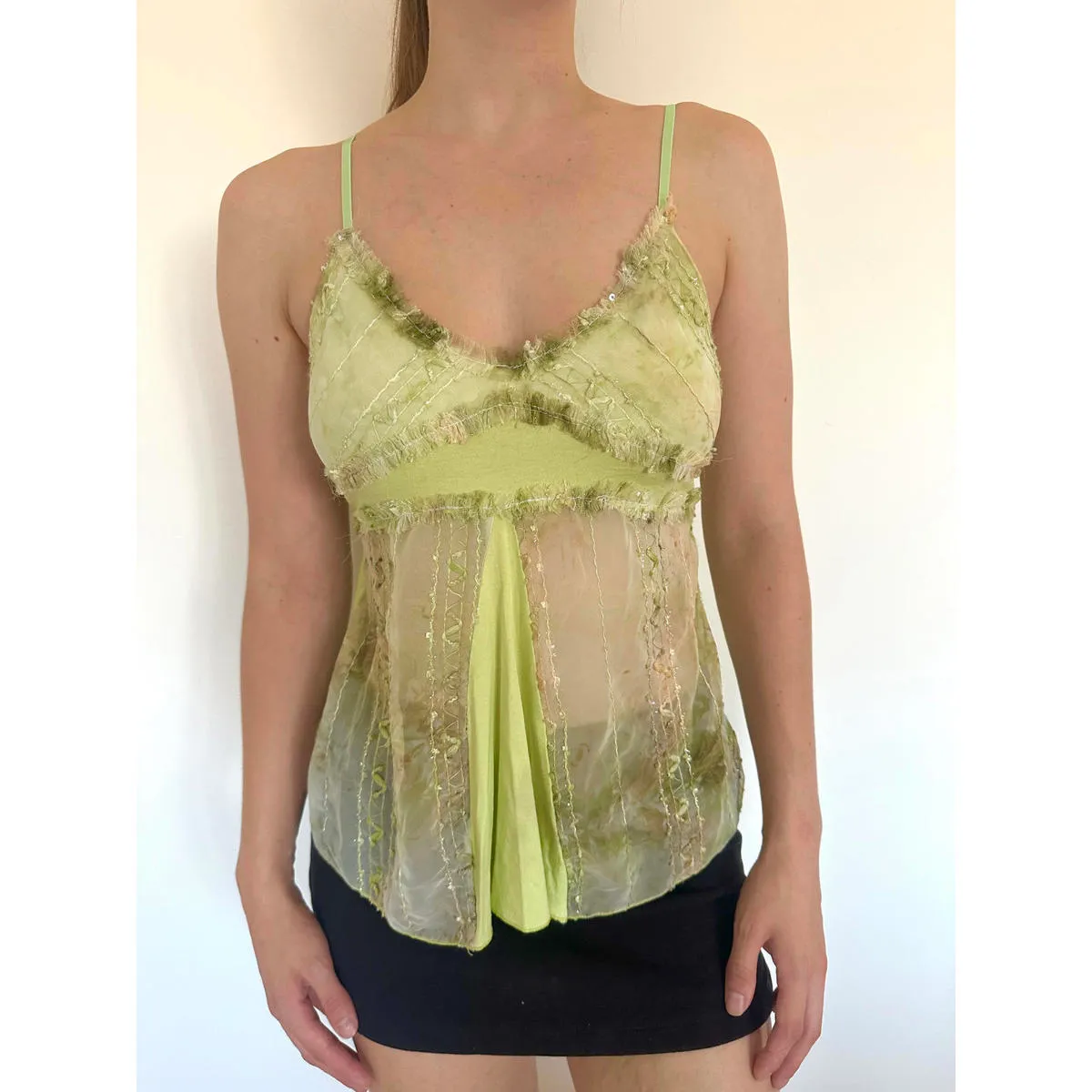 Vintage Light Green Floral Leafy Sheer Tie Back Cami Fairy Top - Image 3