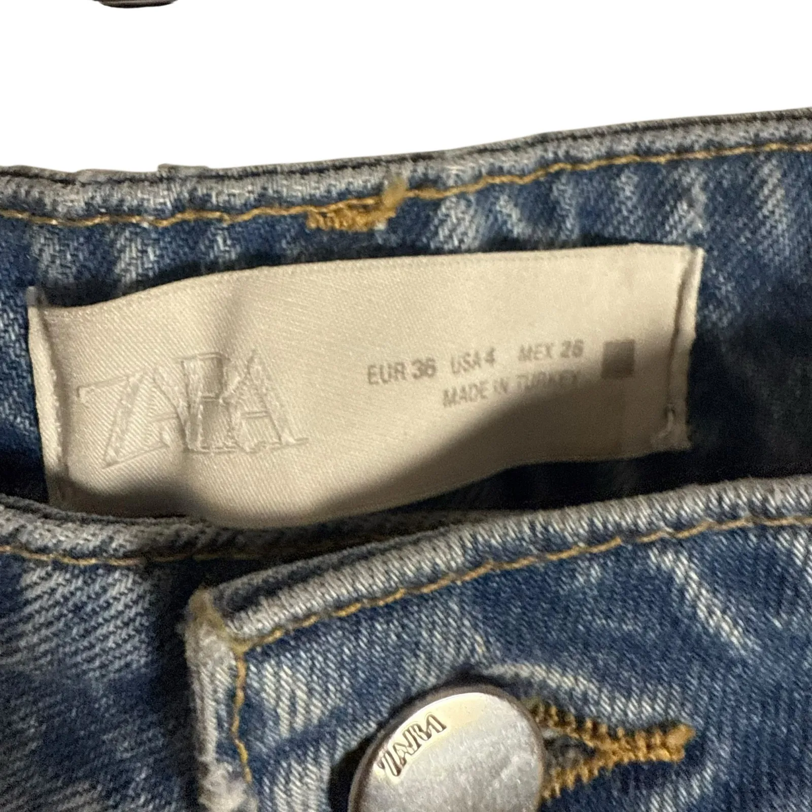 Zara Blue Denim Straight Leg High Rise Distressed Cut Destructed Jeans Size 4 - Image 6