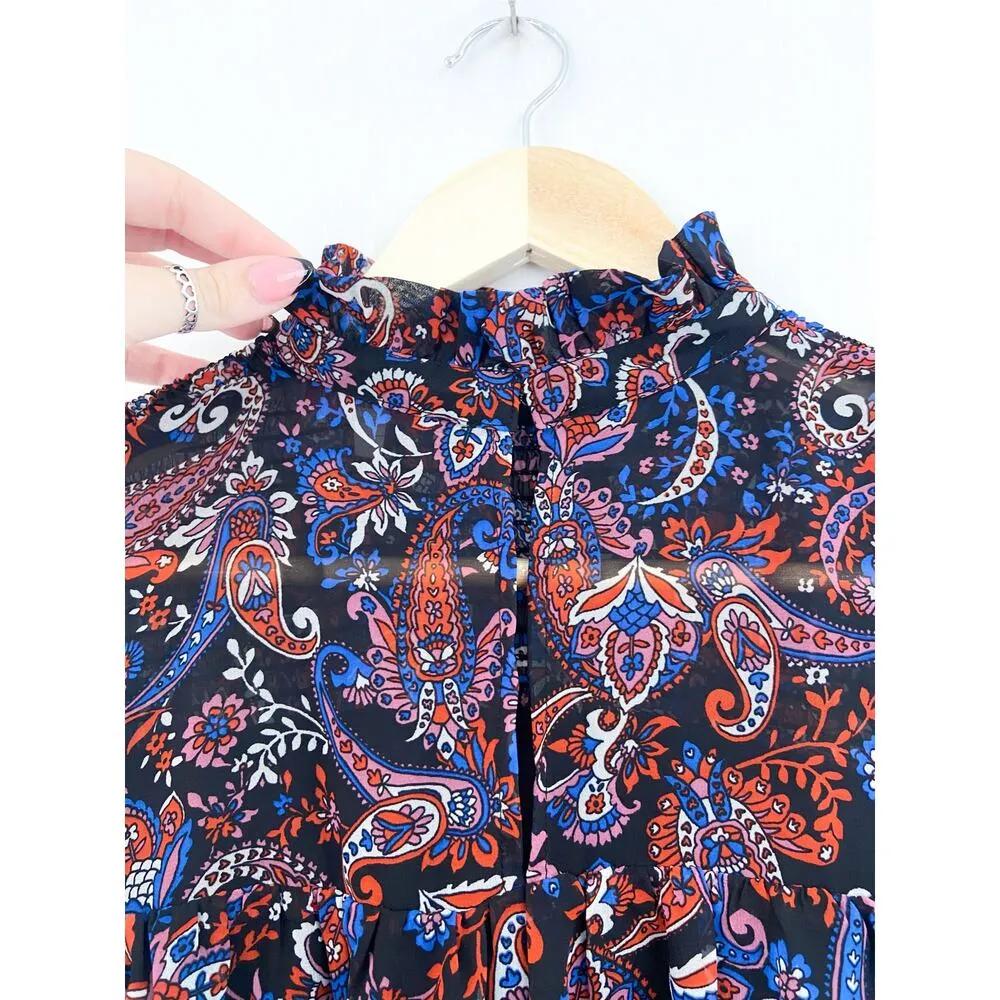 Willow Drive Women's Paisley Print Chiffon Blouse Long Sleeve Ruffle Cuff Small Black - Image 4