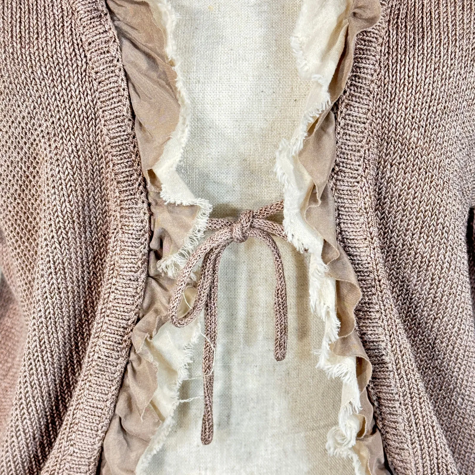 Boden SZ 14 Cardigan Ruffled Tie Front Long Sleeves Linen Blend Stretch Beige Tan - Image 6