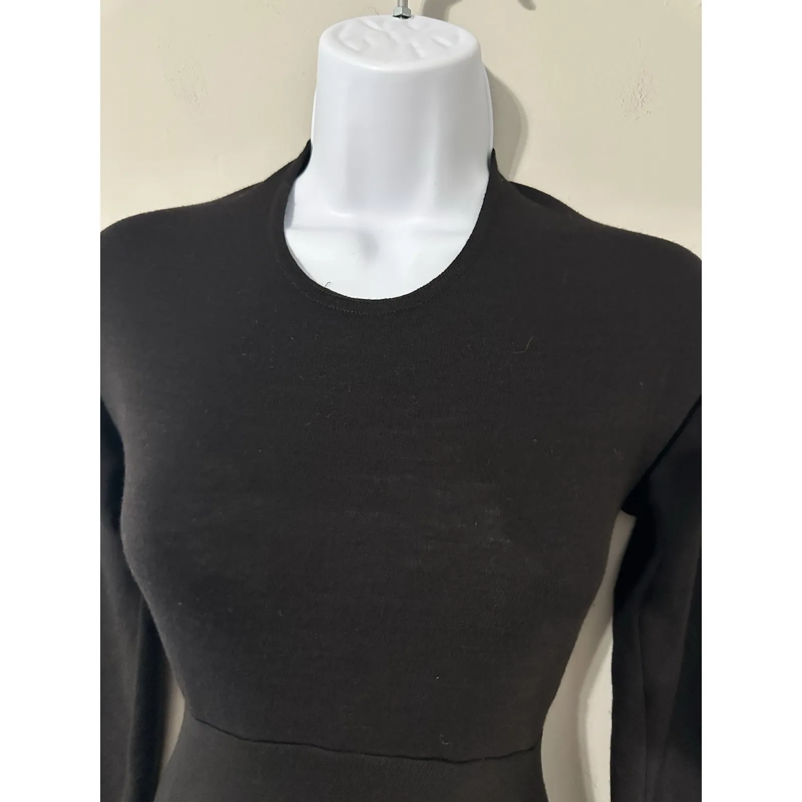 Vtg 80s 90s Donna Karan NY‎ Black Wool Fit Flare Long Sleeve Bodysuit Dress US 8 - Image 4