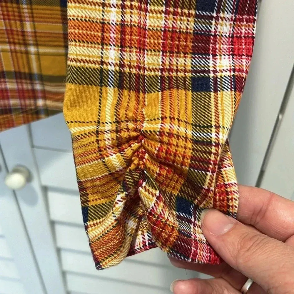 Women’s plaid shirt long sleeved small button down lightweight fall top Yellow - Image 5