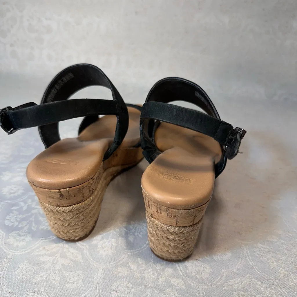 UGG Elena Black Leather Platform Wedge Strap Sandal Heels Size 7.5 - Image 3
