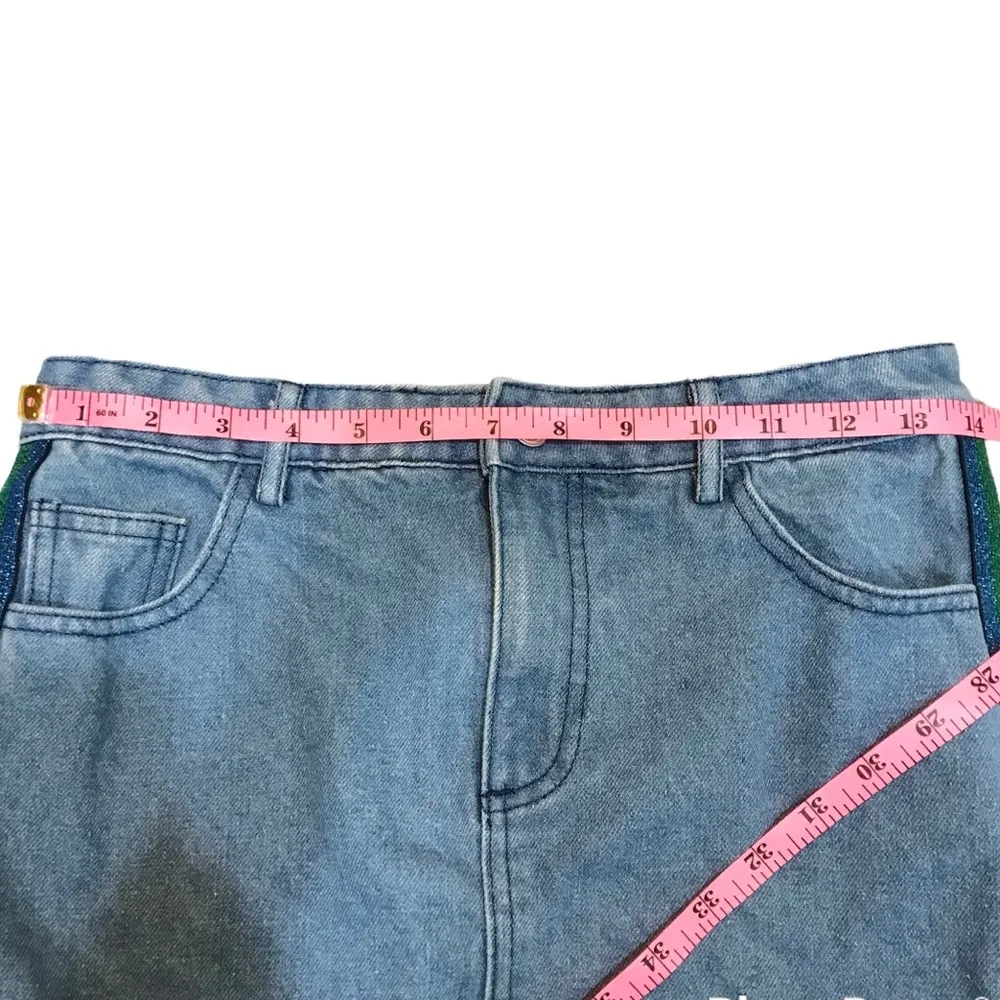 Denim Skirt Sans Souci Denim Skirt Mini skirt rainbow stripe on side 90s vibes - Image 5