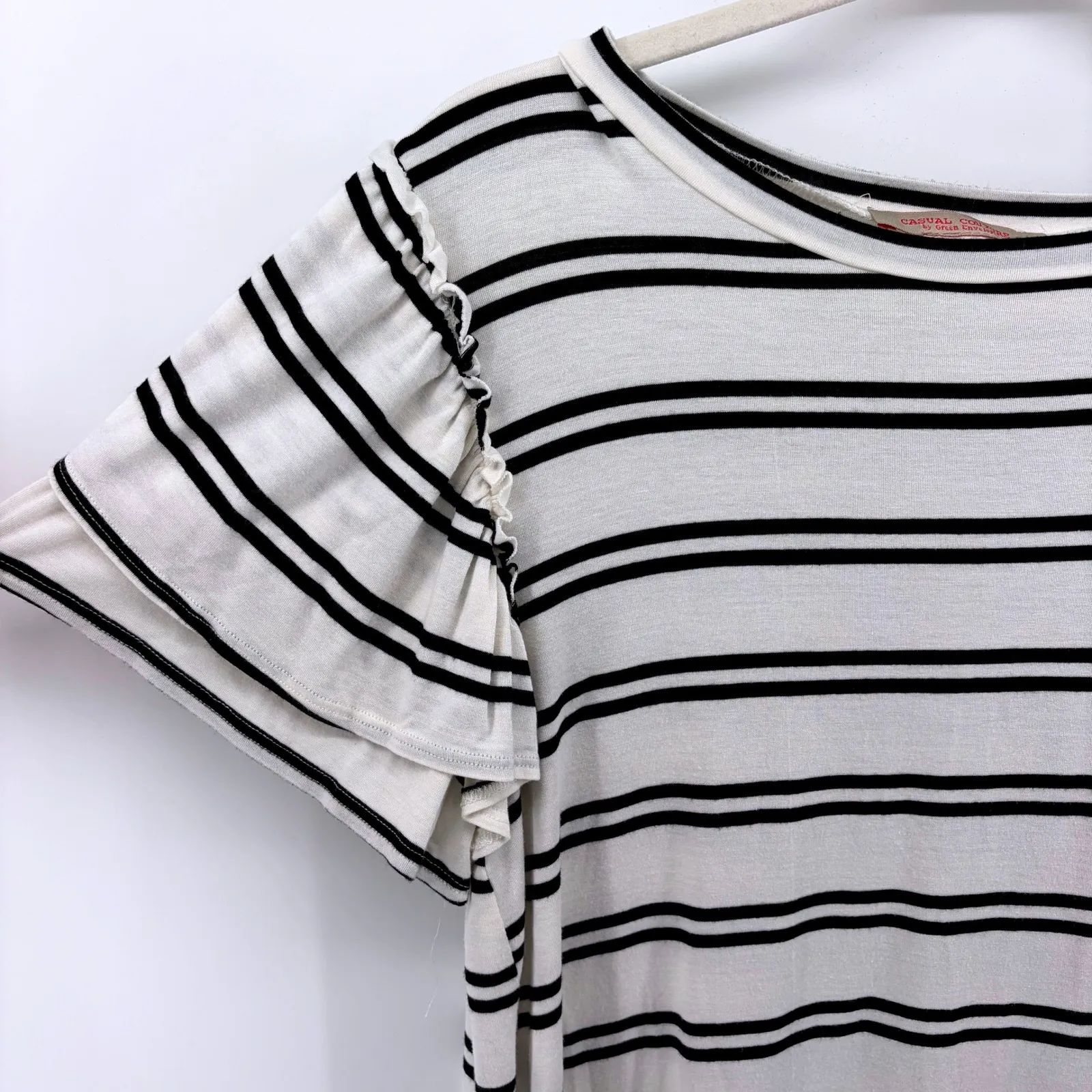 Casual Couture Green Envelope Black White Striped Flutter Sleeve Top Stretch - Image 3