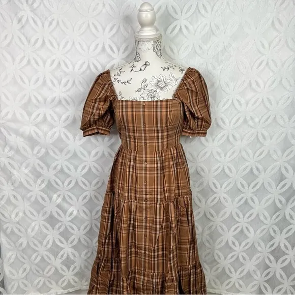 Billie The Label Eleanor‎ Plaid Puff Sleeve Midi Dress Size 0 NWT Brown - Image 2