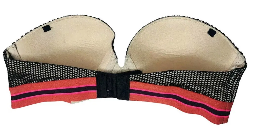 Victorias Secret Strapless Black Lace Very Sexy Padded Bra Orange Pink Band 32C - Image 6