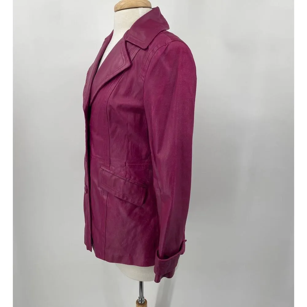 Vintage Leather Jacket Single Breasted Button Down Collared Purple Magenta XS - Image 4