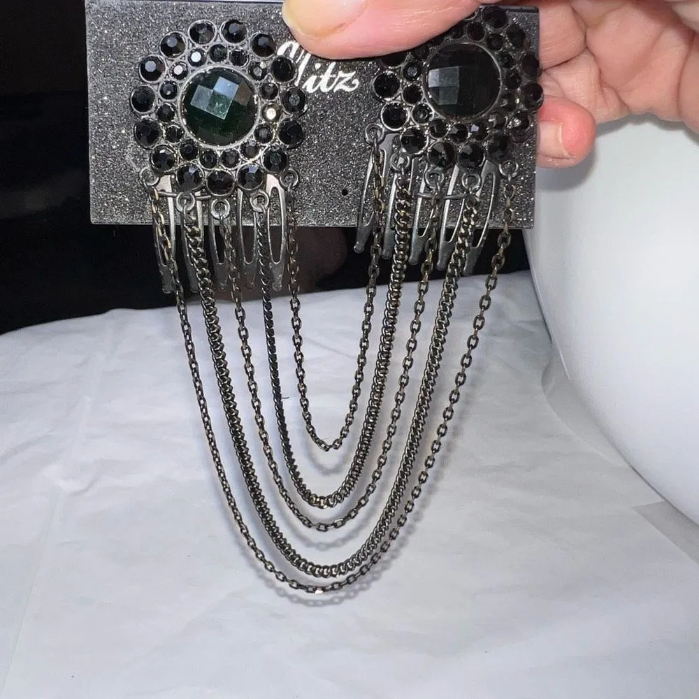 G by Gennaro Gothic Dark Jewel And Chain Dual Hair Combs Black - Image 2