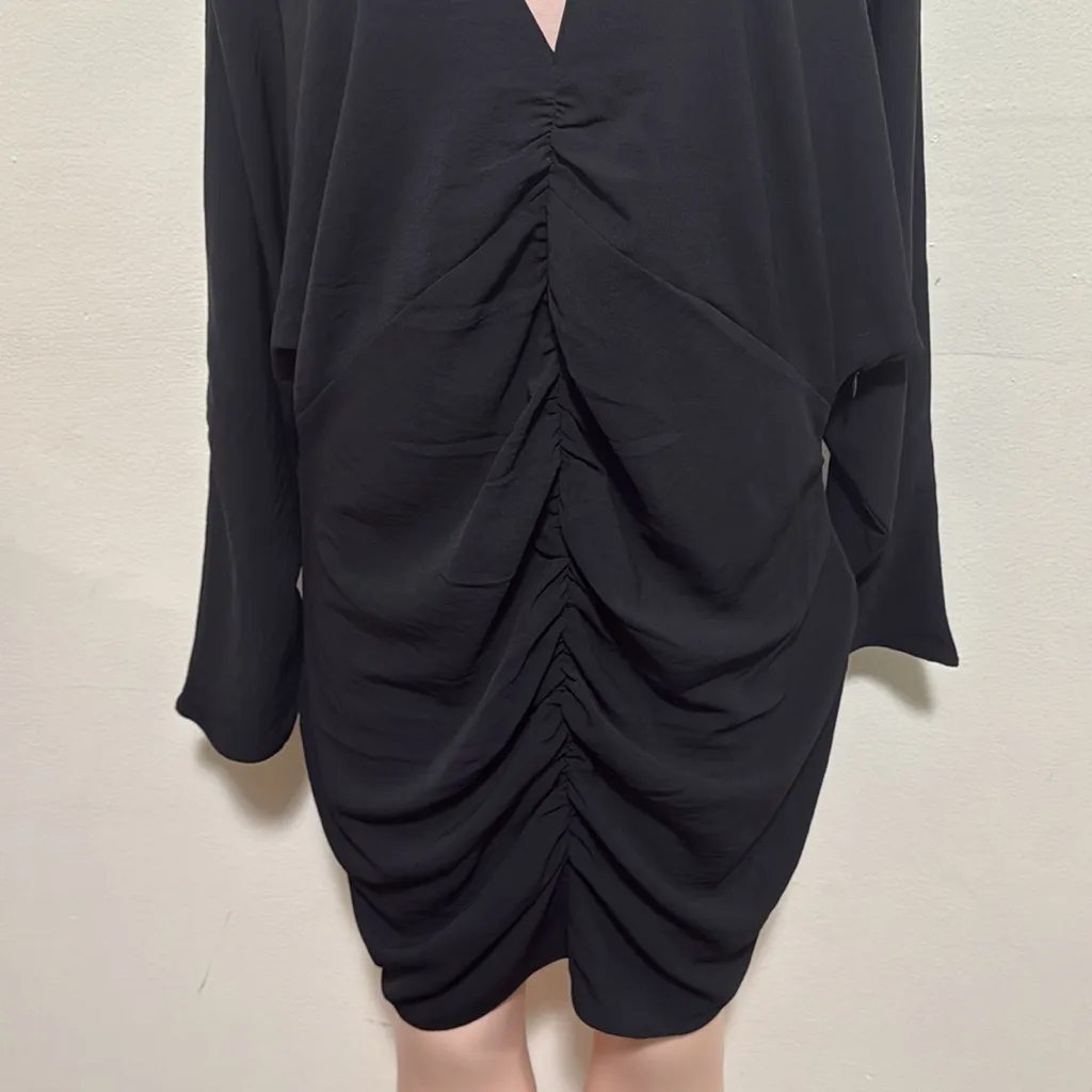 H&M black gathered dress woman size XL long sleeve v neck - Image 6
