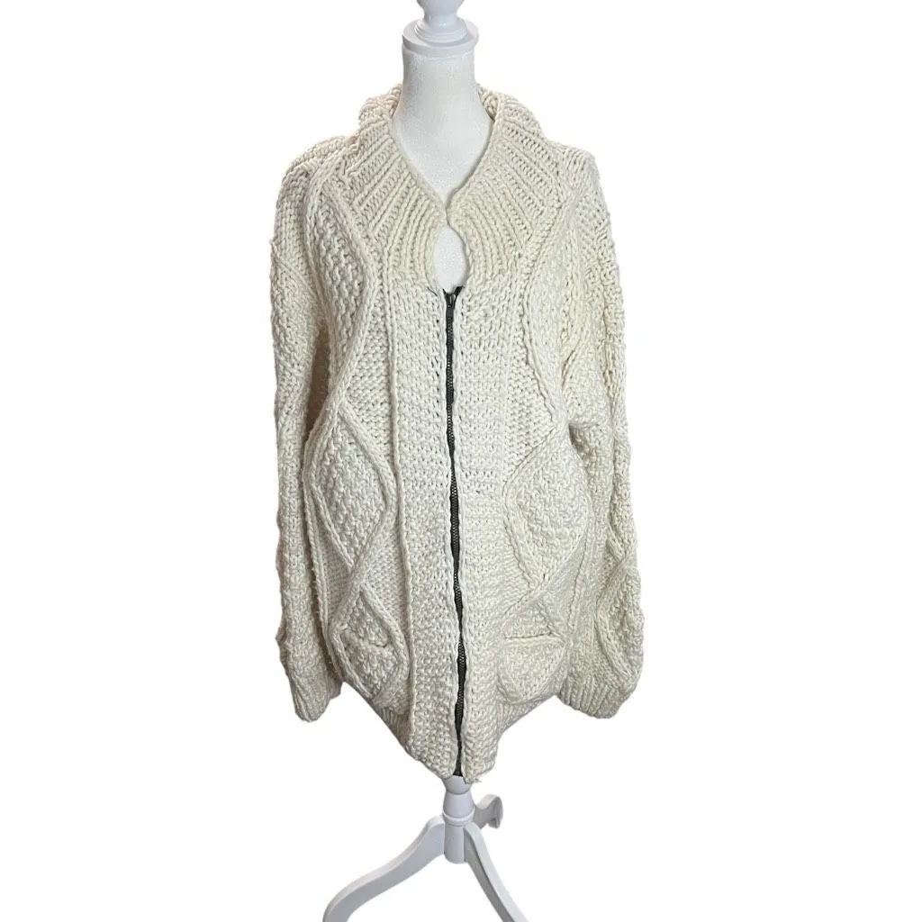 DRAFT VTG Handmade Wool Fisherman Zip Sweater Unisex L/XL Chunky Knit Aran Cardi - Image 2