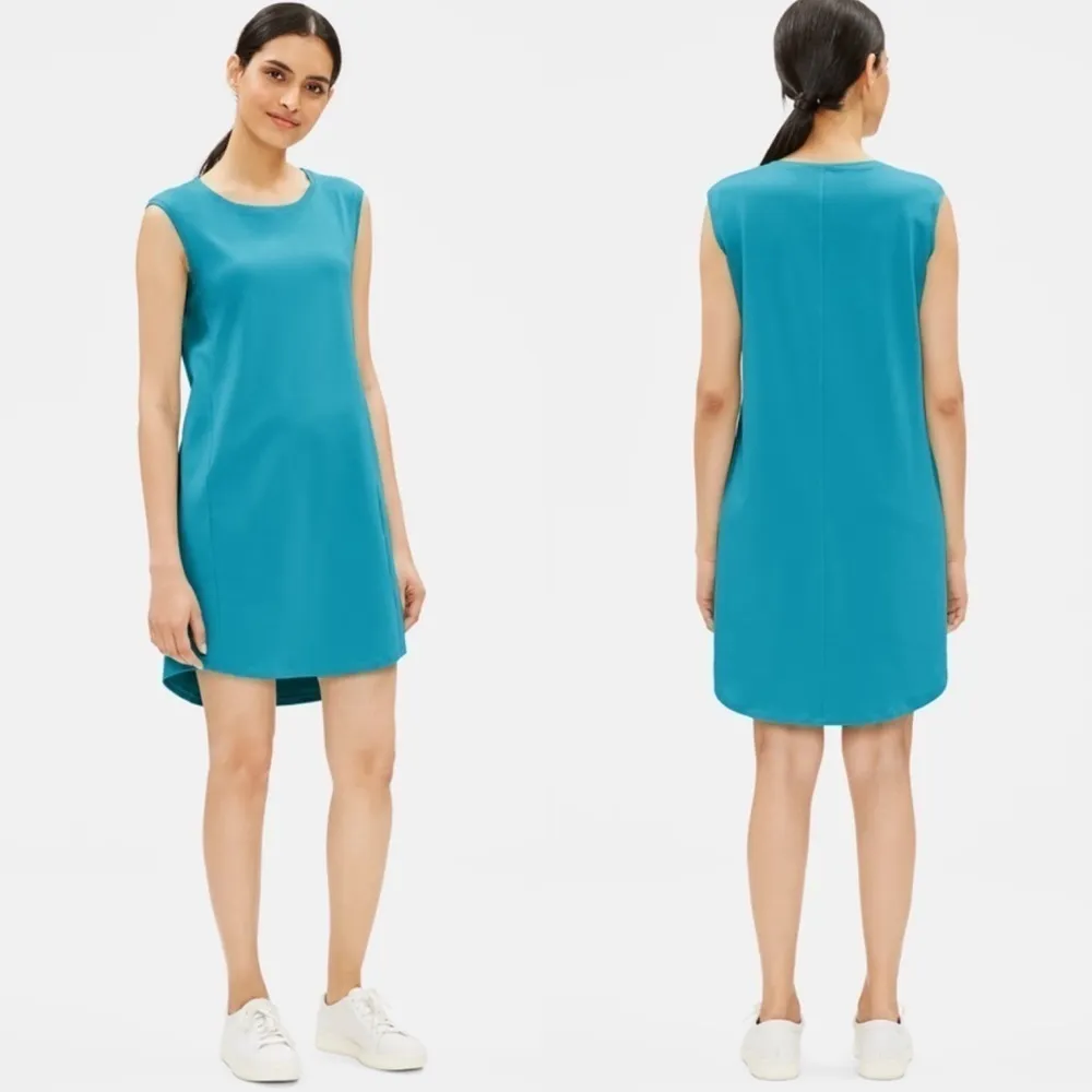Eileen Fisher Cotton‎ Stretch Jersey Scoop Neck Dress in Jasper Blue Size Medium - Image 2
